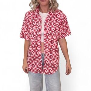 Vintage Act III Heart Print Top Button Up Shirt Womens S Red White Girlcore
